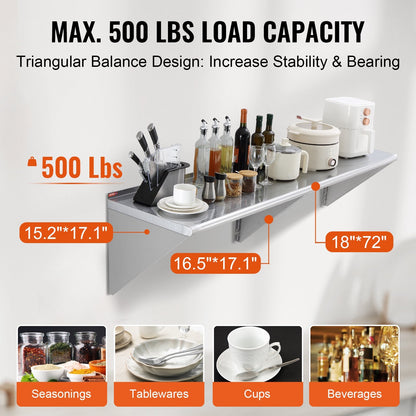 Stainless Steel Wall Shelf 0.45m x 1.83m, 226kg Capacity, for Kitchen & Restaurant Use