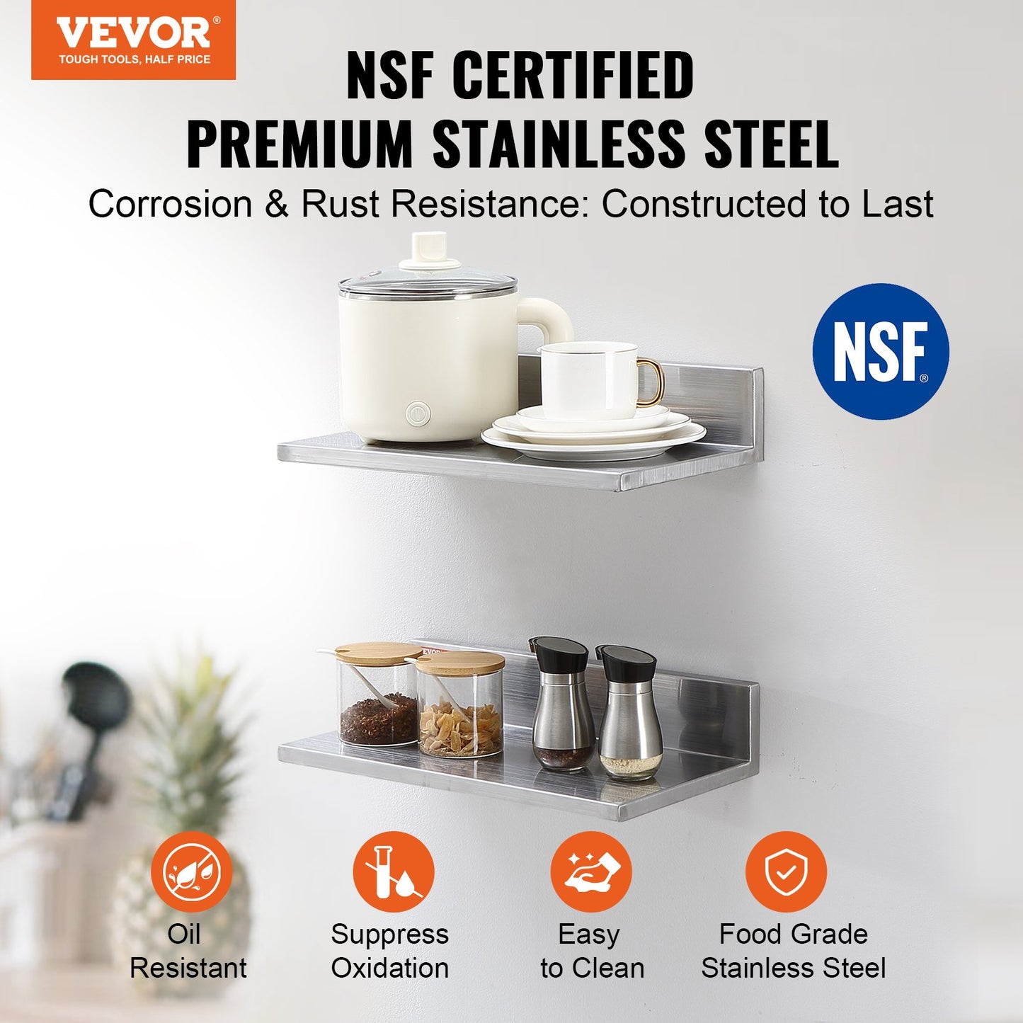VEVOR 8.6" x 16" Stainless Steel Shelf, Wall Mounted Floating Shelving with Backsplash,