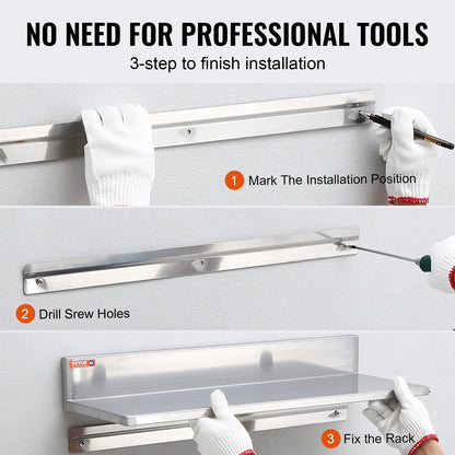 Stainless Steel Wall Shelf with Backsplash, 20 kg Capacity, Set of 2