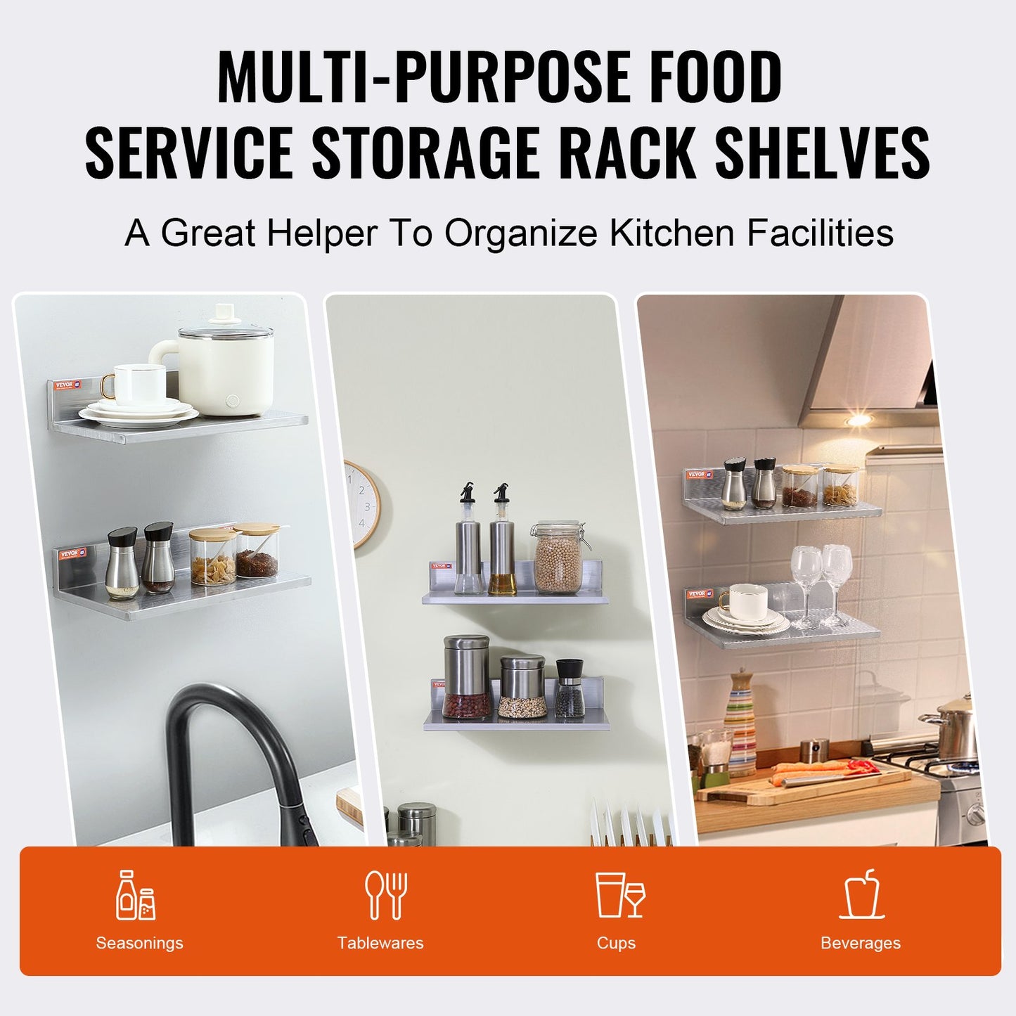 VEVOR 8.6" x 16" Stainless Steel Shelf, Wall Mounted Floating Shelving with Backsplash,