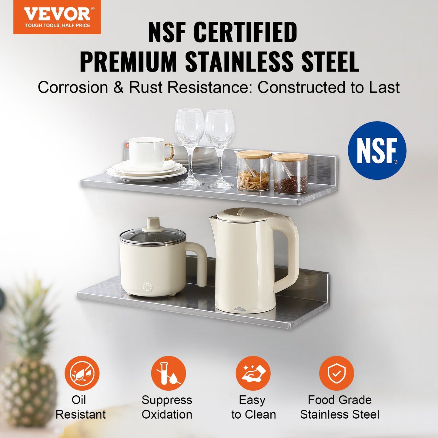 VEVOR 8.6" x 24" Stainless Steel Shelf, Wall Mounted Floating Shelving with Backsplash,