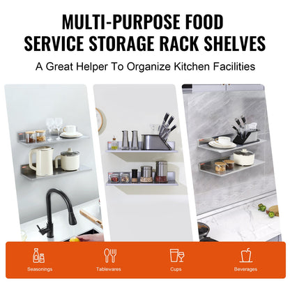 VEVOR 8.6" x 24" Stainless Steel Shelf, Wall Mounted Floating Shelving with Backsplash,