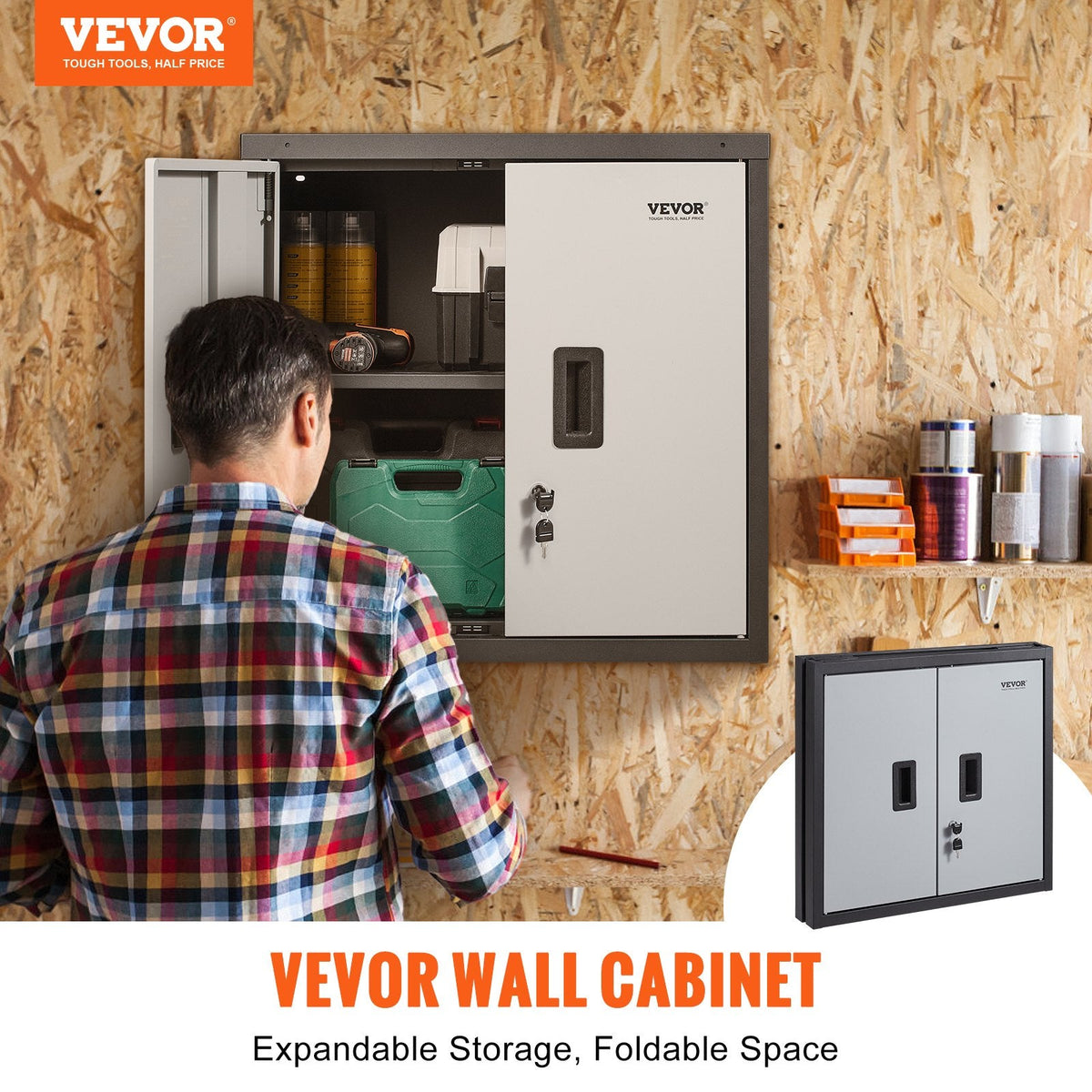 Steel wall cabinet folds to 3.5 inches wide and expands to 12 inches for tool storage