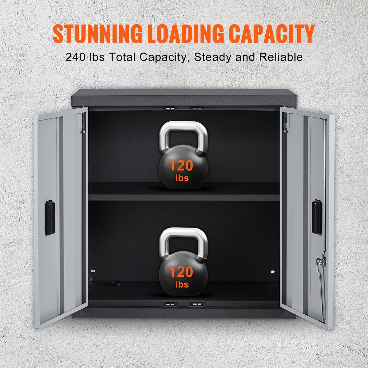 Each adjustable cabinet shelf supports up to 120 pounds for heavy-duty garage organization