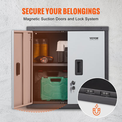 Foldable wall-mounted garage cabinet with two shelves and 240-pound total storage capacity