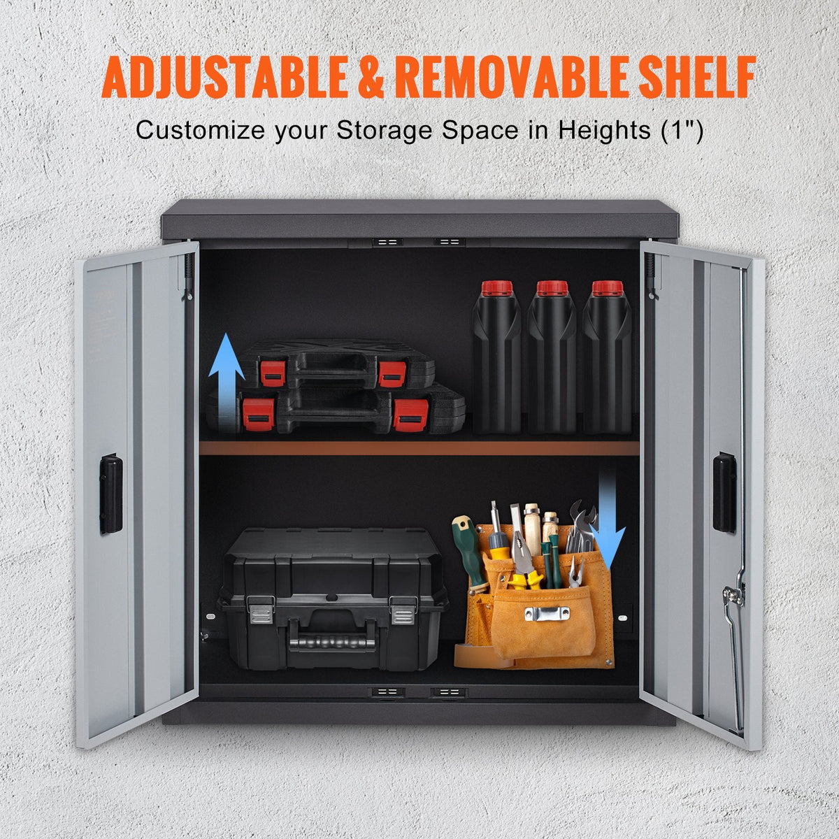 Lockable garage cabinet includes two keys for added security in homes, offices, and workshops