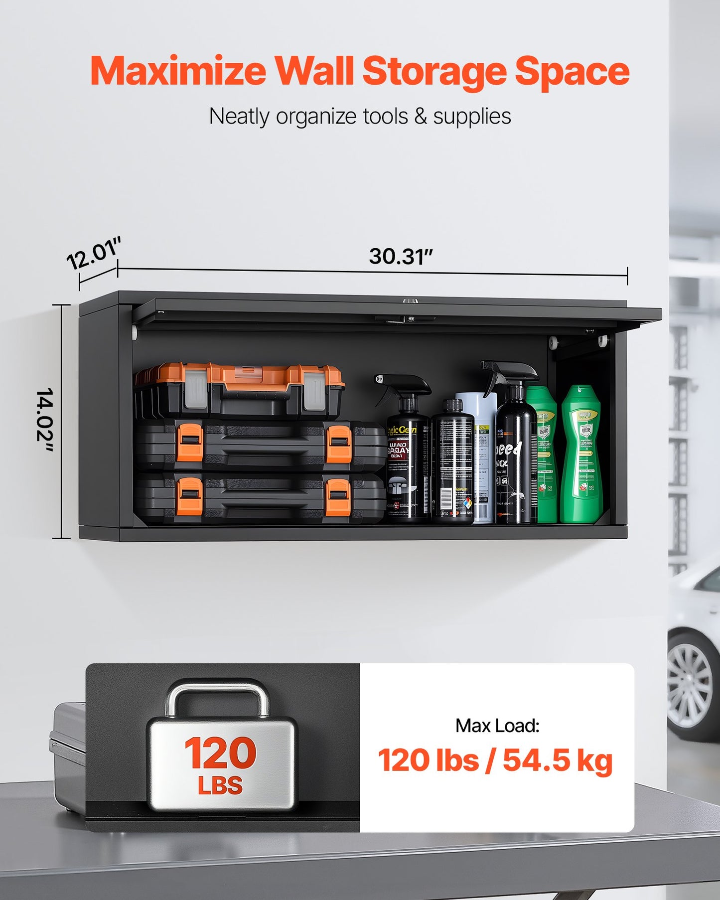 Metal Wall Cabinet, 77W x 30.5D x 35.6H cm, Floating Garage Tool Cabinet with Up-Flip Door, 54.5 kg Load per Shelf, Fit for Garage, Basement, Kitchen, Warehouse, Assembly Required