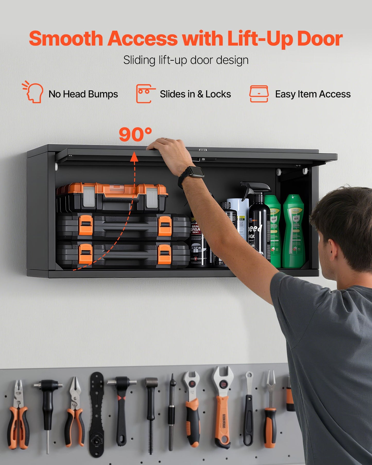Metal Wall Cabinet, 77W x 30.5D x 35.6H cm, Floating Garage Tool Cabinet with Up-Flip Door, 54.5 kg Load per Shelf, Fit for Garage, Basement, Kitchen, Warehouse, Assembly Required