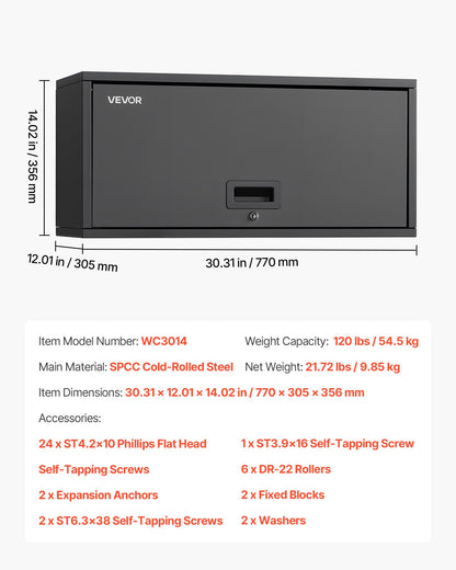 Metal Wall Cabinet, 77W x 30.5D x 35.6H cm, Floating Garage Tool Cabinet with Up-Flip Door, 54.5 kg Load per Shelf, Fit for Garage, Basement, Kitchen, Warehouse, Assembly Required
