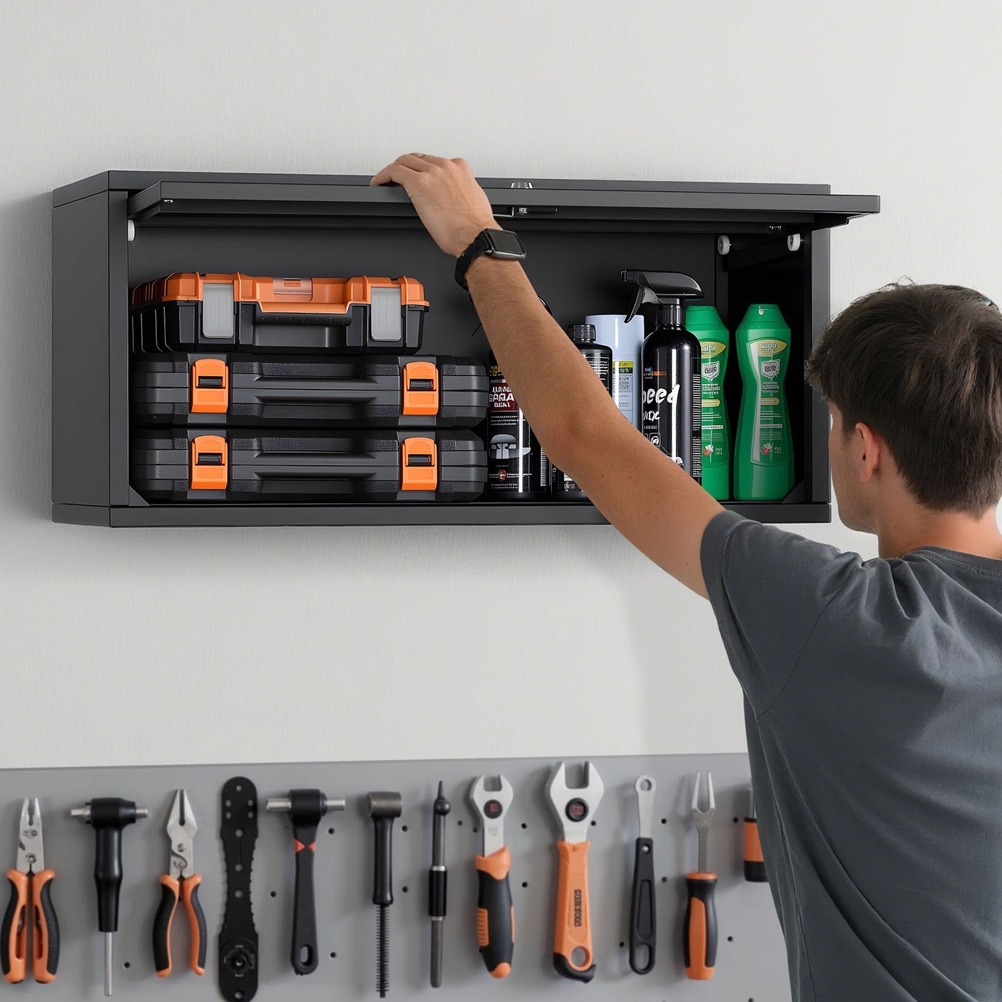 Metal Wall Cabinet, 77W x 30.5D x 35.6H cm, Floating Garage Tool Cabinet with Up-Flip Door, 54.5 kg Load per Shelf, Fit for Garage, Basement, Kitchen, Warehouse, Assembly Required