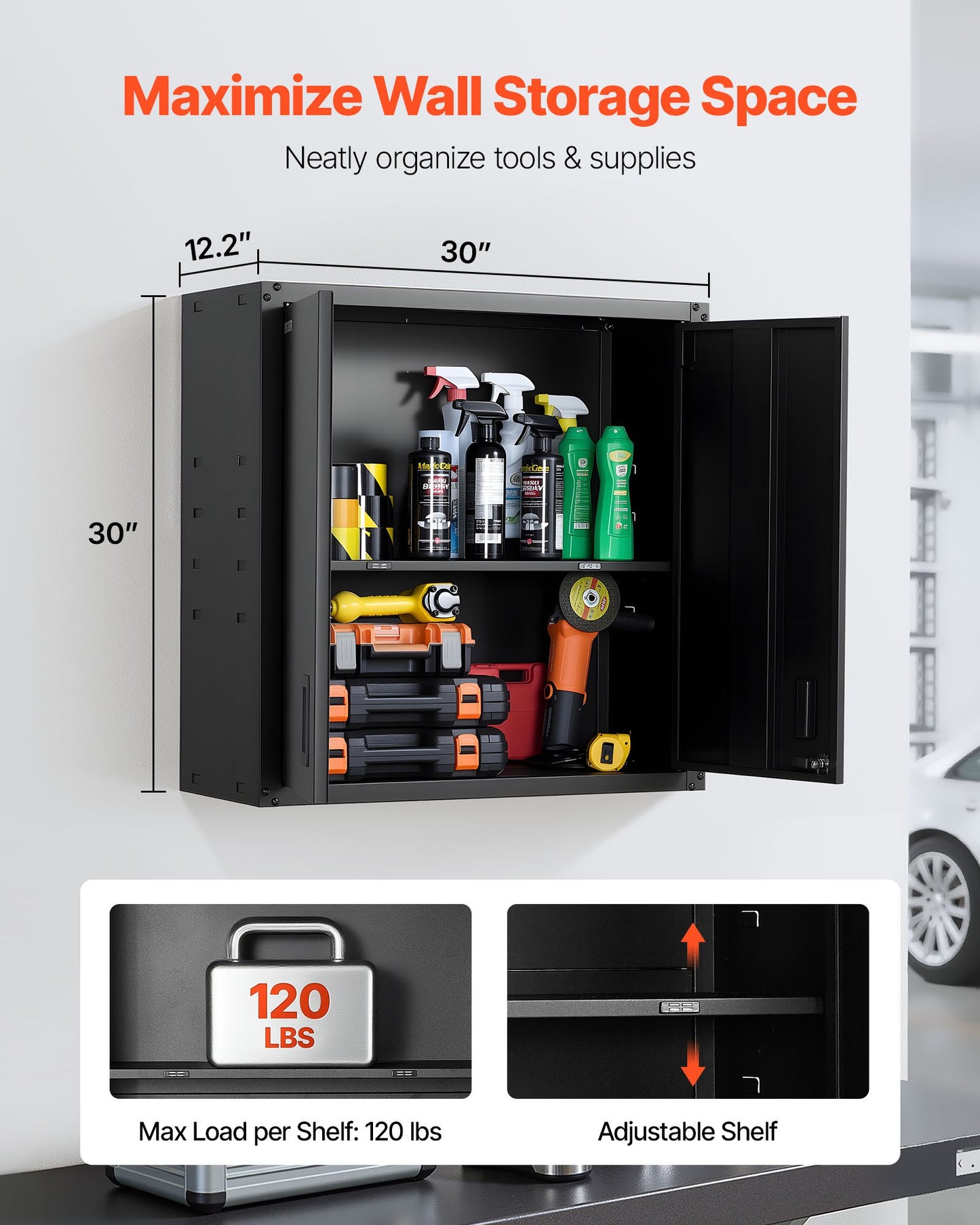Metal Wall Cabinet, 76.2W x 31D x 76.2H cm, Steel Floating Hanging Storage Cabinet with Locking Doors and Adjustable Shelf for Garage, Basement, Kitchen, Warehouse Assembly Required, Black