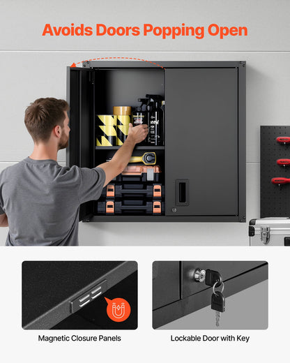 Metal Wall Cabinet, 76.2W x 31D x 76.2H cm, Steel Floating Hanging Storage Cabinet with Locking Doors and Adjustable Shelf for Garage, Basement, Kitchen, Warehouse Assembly Required, Black