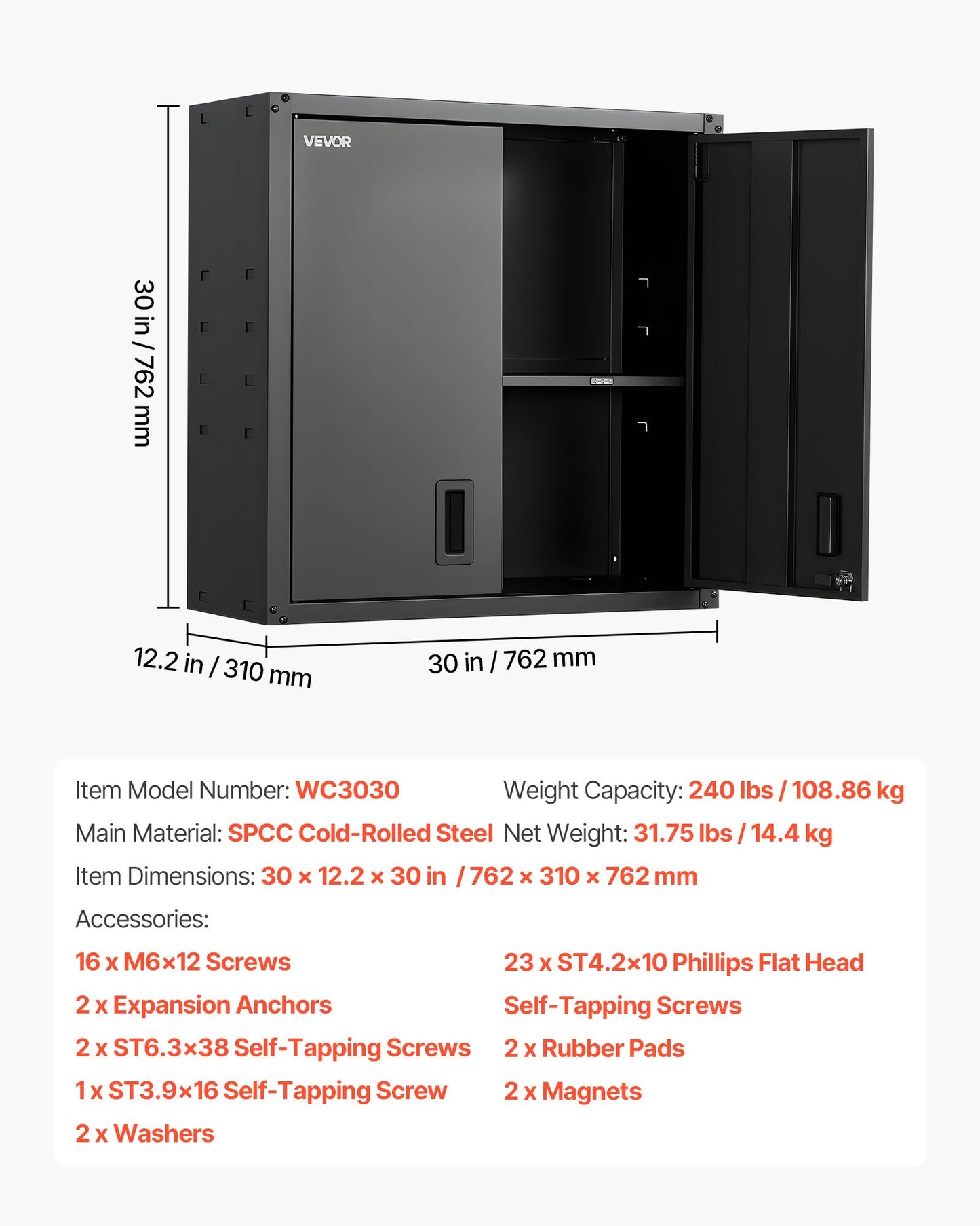Metal Wall Cabinet, 76.2W x 31D x 76.2H cm, Steel Floating Hanging Storage Cabinet with Locking Doors and Adjustable Shelf for Garage, Basement, Kitchen, Warehouse Assembly Required, Black