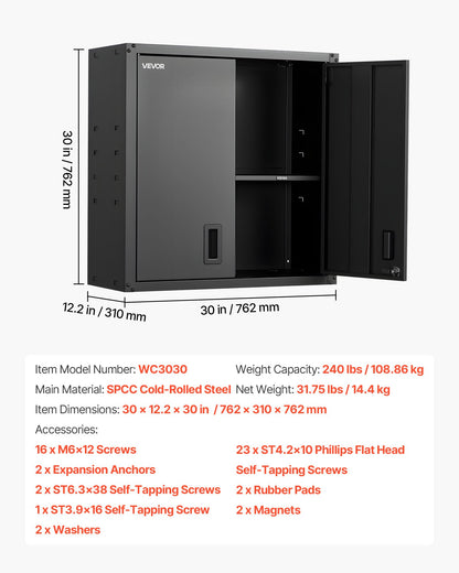 Metal Wall Cabinet, 76.2W x 31D x 76.2H cm, Steel Floating Hanging Storage Cabinet with Locking Doors and Adjustable Shelf for Garage, Basement, Kitchen, Warehouse Assembly Required, Black