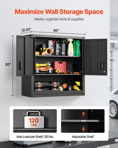 Metal Wall Cabinet, 76.2W x 30.5D x 76.2H Inch, Steel Floating Hanging Storage Cabinet with Locking Doors and Adjustable Shelf for Garage, Basement, Kitchen, Warehouse Assembly Required, Black