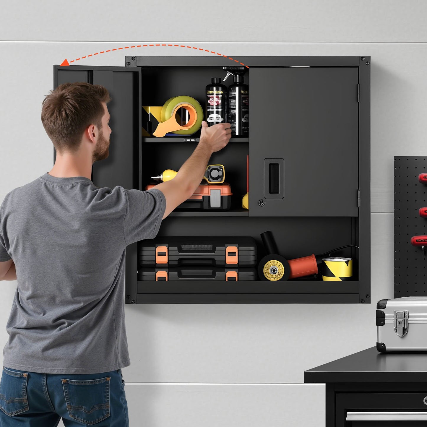 Metal Wall Cabinet, 76.2W x 30.5D x 76.2H Inch, Steel Floating Hanging Storage Cabinet with Locking Doors and Adjustable Shelf for Garage, Basement, Kitchen, Warehouse Assembly Required, Black