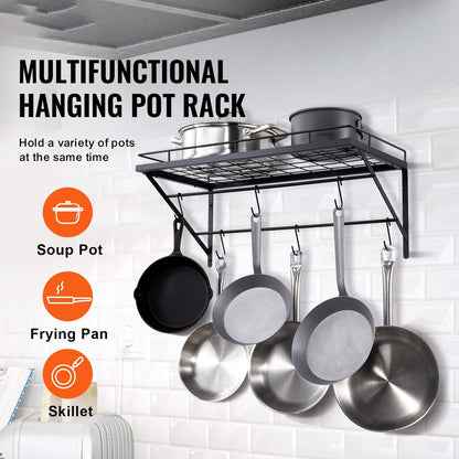 Wall-Mounted Pot and Pan Rack with 12 Hooks, 24 kg Capacity, Carbon Steel