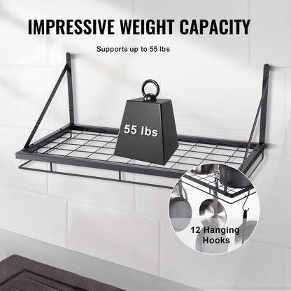 Wall-Mounted Pot and Pan Rack with 12 Hooks, 24 kg Capacity, Carbon Steel
