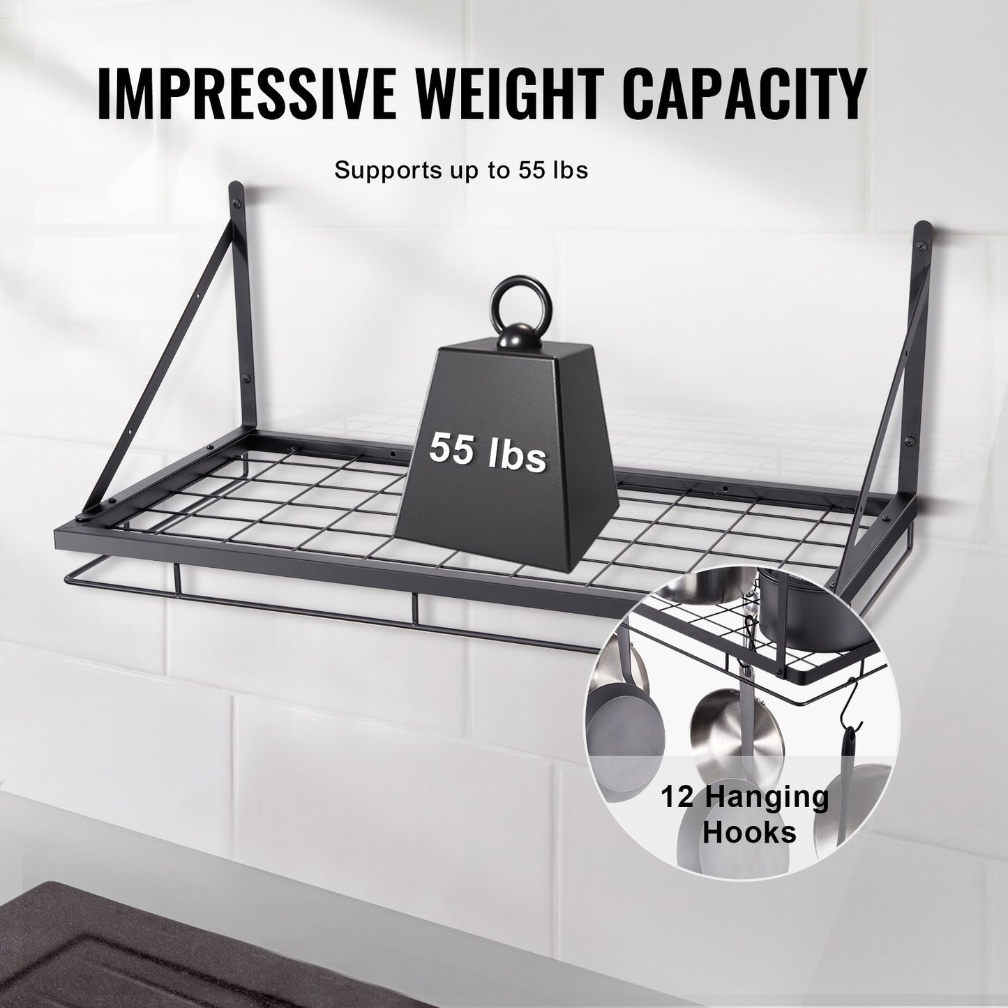 VEVOR Pot Rack Wall Mounted, 24 inch Pot and Pan Hanging Rack, Pot and Pan Hanger