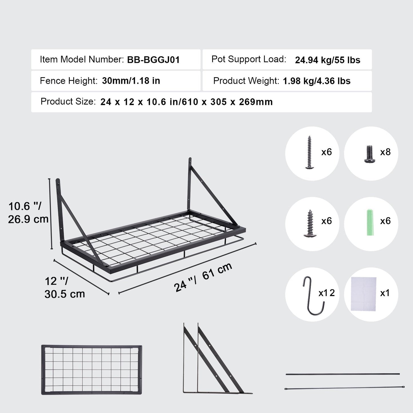 Wall-Mounted Pot and Pan Rack with 12 Hooks, 24 kg Capacity, Carbon Steel