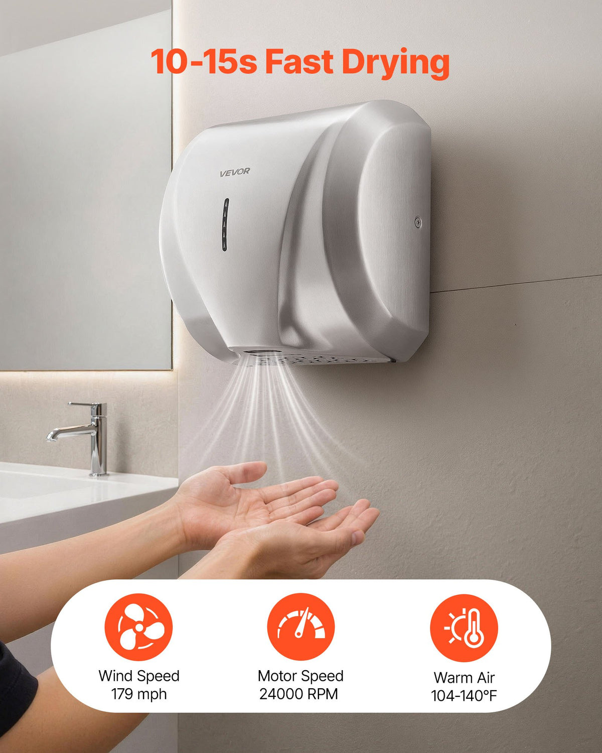 Hand Dryer, 1800W Bathroom Air Hand Dryer, Automatic High Speed with HEPA Filter, Fast Drying, Heavy Duty Brushed Stainless Steel, AC220-240V Commercial Wall Mounted for Restroom, Hotel, Office