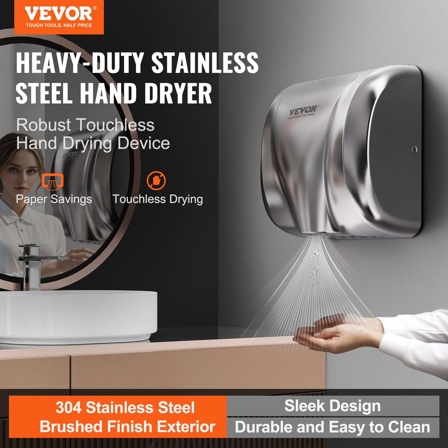VEVOR Heavy Duty Commercial Hand Dryer, 1800W Automatic High Speed Stainless Steel