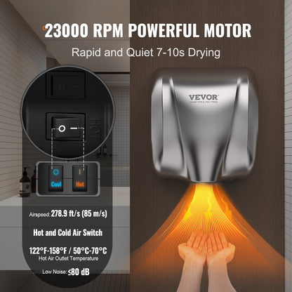 VEVOR Heavy Duty Commercial Hand Dryer, 1800W Automatic High Speed Stainless Steel