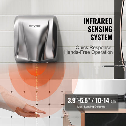 VEVOR Heavy Duty Commercial Hand Dryer, 1800W Automatic High Speed Stainless Steel