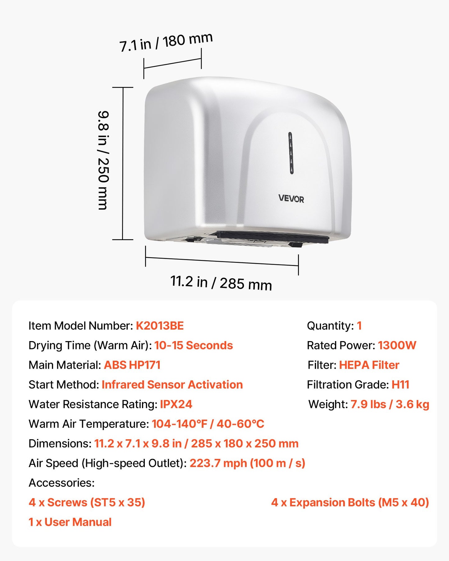 Hand Dryer, 1300W Bathroom Air Hand Dryer, Automatic High Speed with HEPA Filter, Fast Drying, Premium ABS Construction, AC220-240V Commercial Wall Mounted for Home Bathroom, Guest Room,Homestay