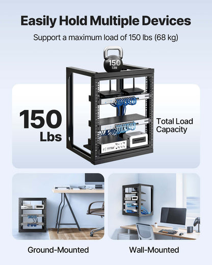 12U Wall Mount Server Rack, 68.04 kg Max Load Capacity, Open Frame Network Rack with 180 Degrees Gate Swing Door, Carbon Steel, Ideal for IT Network Equipment & AV Devices Computer Server, Black