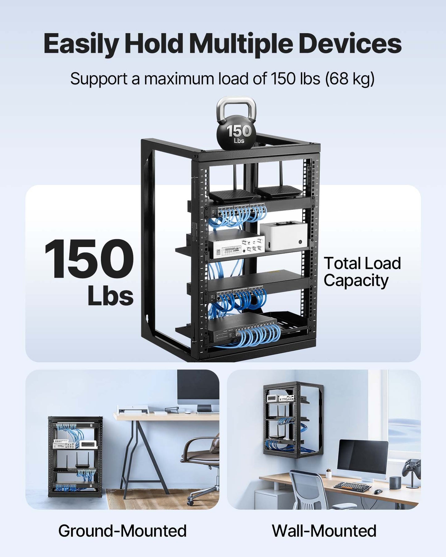 15U Wall Mount Server Rack, 68.04 kg Max Load Capacity, Open Frame Network Rack with 180 Degrees Gate Swing Door, Carbon Steel, Ideal for IT Network Equipment & AV Devices Computer Server, Black