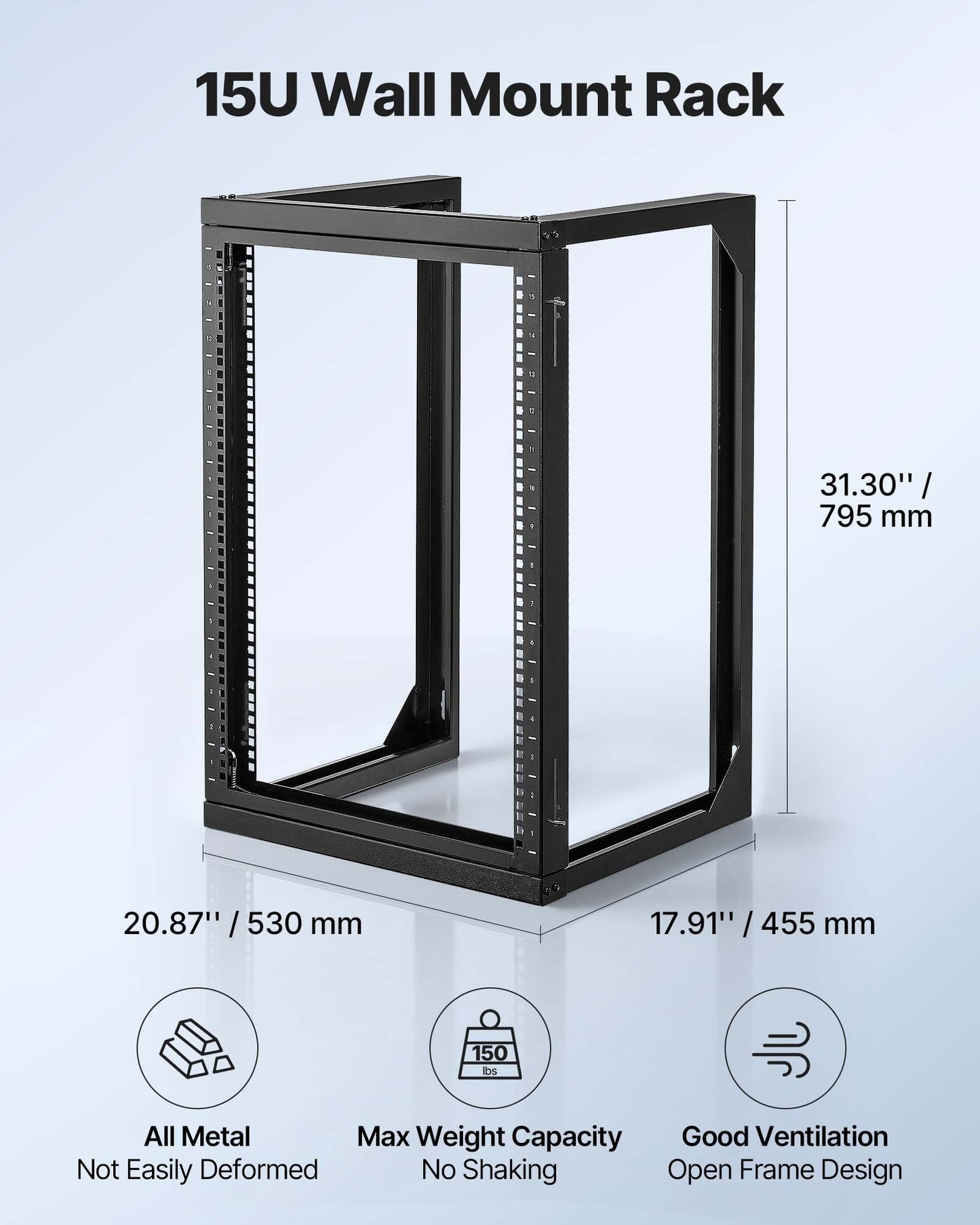 15U Wall Mount Server Rack, 68.04 kg Max Load Capacity, Open Frame Network Rack with 180 Degrees Gate Swing Door, Carbon Steel, Ideal for IT Network Equipment & AV Devices Computer Server, Black