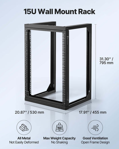 15U Wall Mount Server Rack, 68.04 kg Max Load Capacity, Open Frame Network Rack with 180 Degrees Gate Swing Door, Carbon Steel, Ideal for IT Network Equipment & AV Devices Computer Server, Black