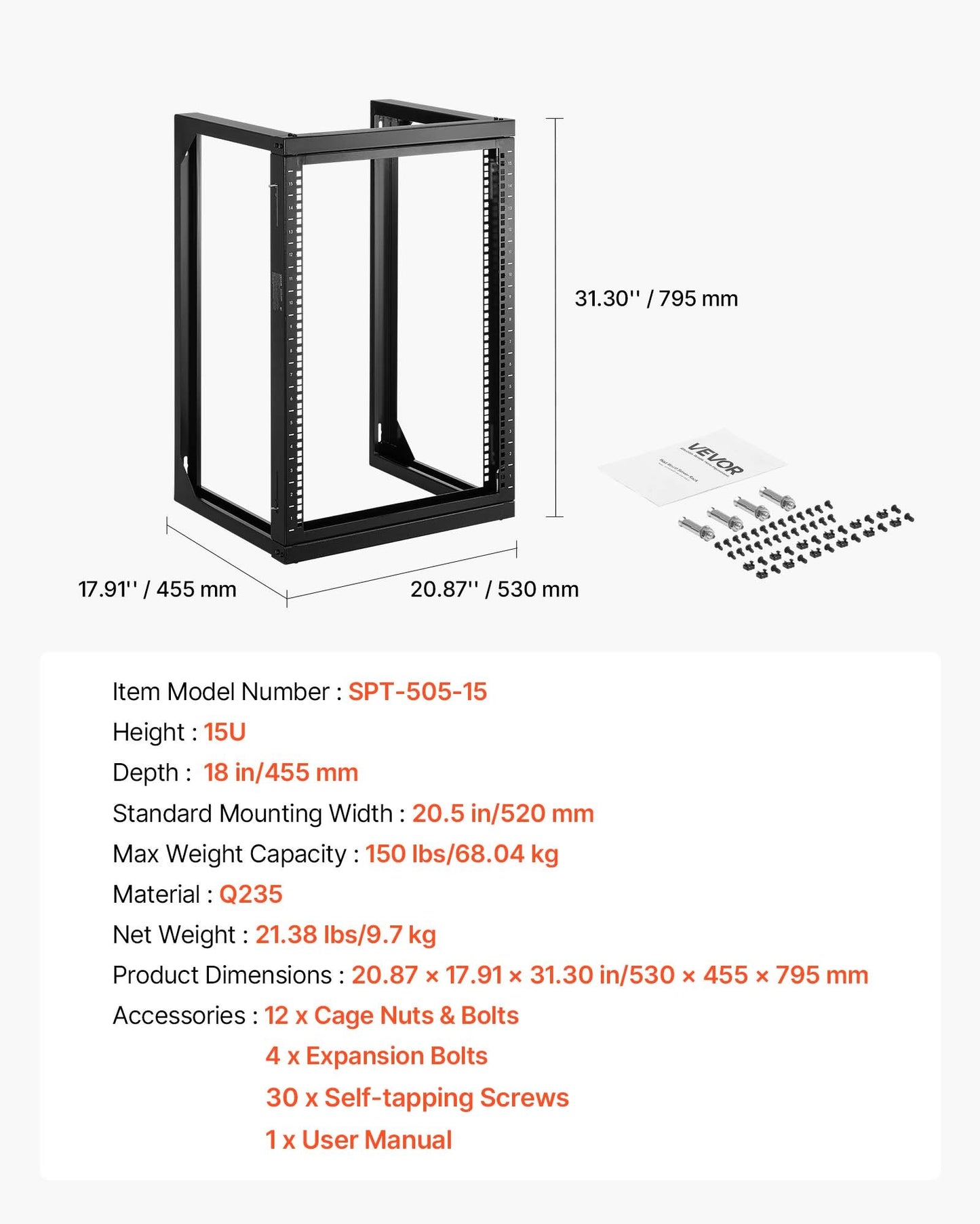 15U Wall Mount Server Rack, 68.04 kg Max Load Capacity, Open Frame Network Rack with 180 Degrees Gate Swing Door, Carbon Steel, Ideal for IT Network Equipment & AV Devices Computer Server, Black
