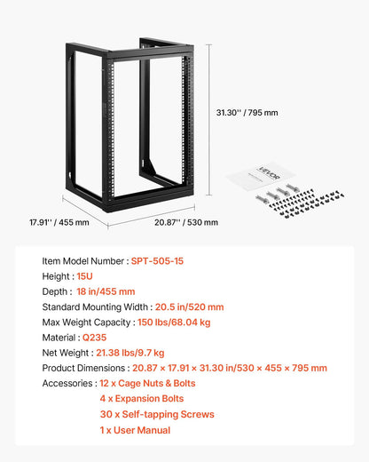 15U Wall Mount Server Rack, 68.04 kg Max Load Capacity, Open Frame Network Rack with 180 Degrees Gate Swing Door, Carbon Steel, Ideal for IT Network Equipment & AV Devices Computer Server, Black