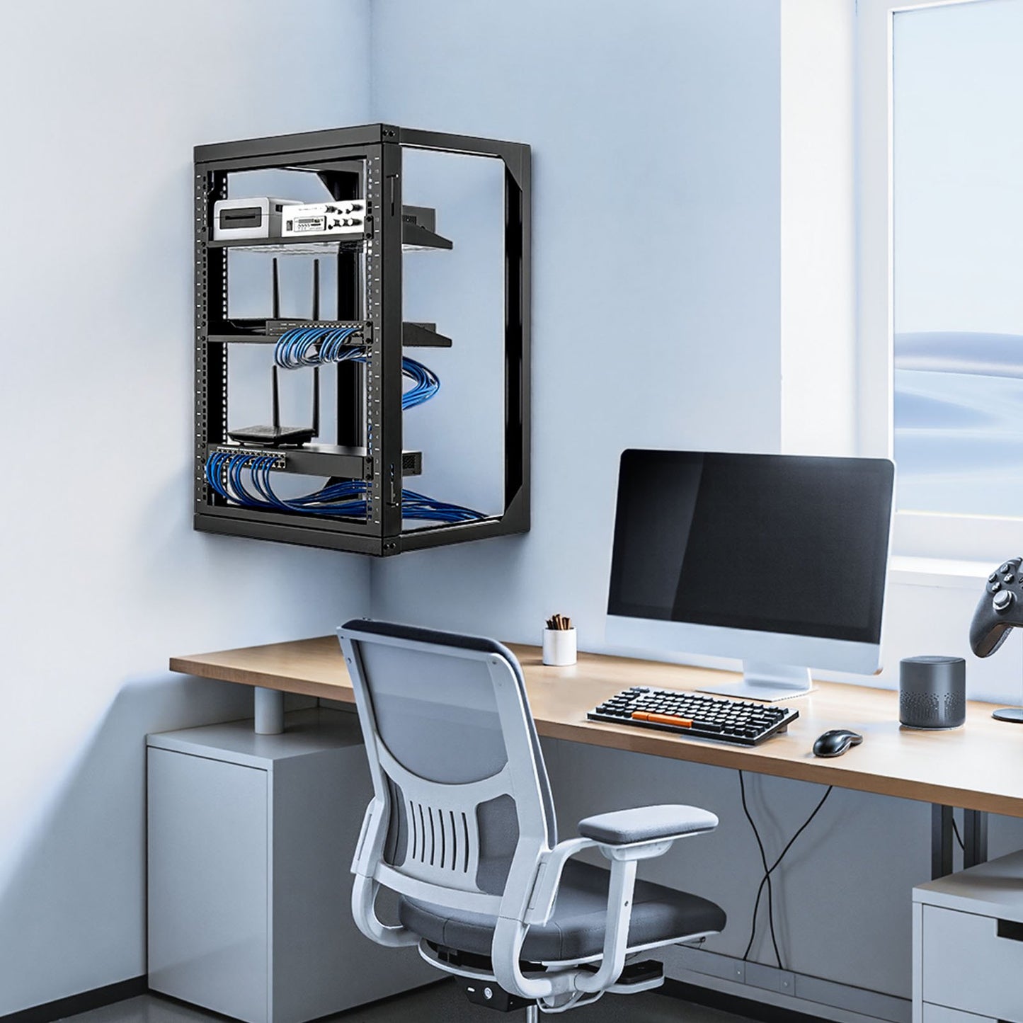 15U Wall Mount Server Rack, 68.04 kg Max Load Capacity, Open Frame Network Rack with 180 Degrees Gate Swing Door, Carbon Steel, Ideal for IT Network Equipment & AV Devices Computer Server, Black