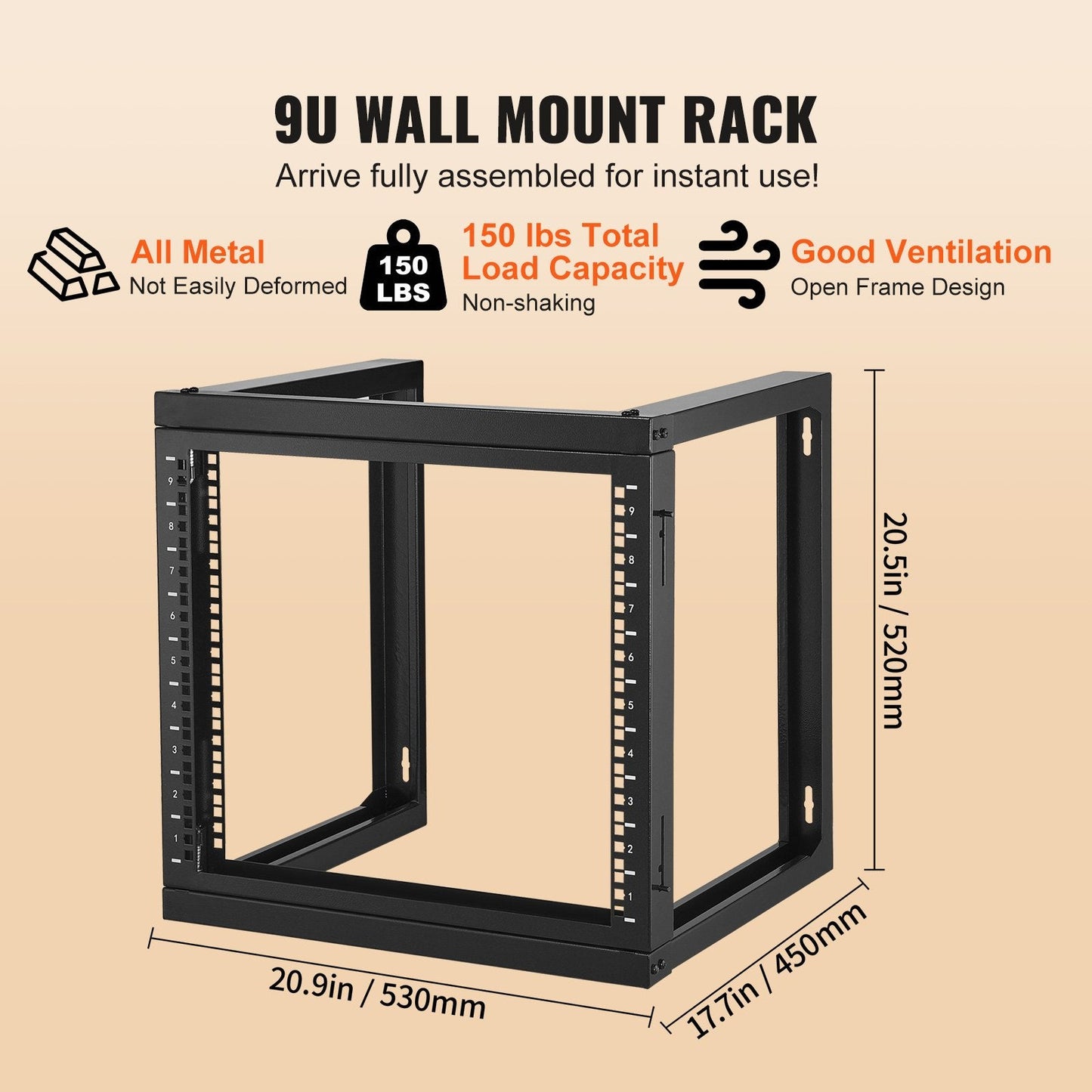 9U Wall Mount Network Rack, 68.04 kg Capacity, 0.53 x 0.45 x 0.52 m, Black