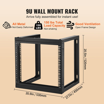 9U Wall Mount Network Rack, 68.04 kg Capacity, 0.53 x 0.45 x 0.52 m, Black