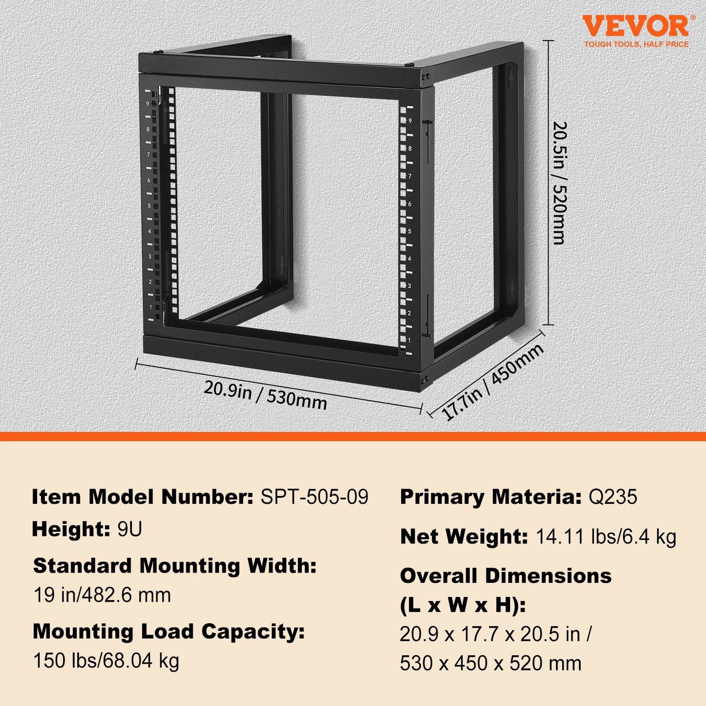 9U Wall Mount Network Rack, 68.04 kg Capacity, 0.53 x 0.45 x 0.52 m, Black
