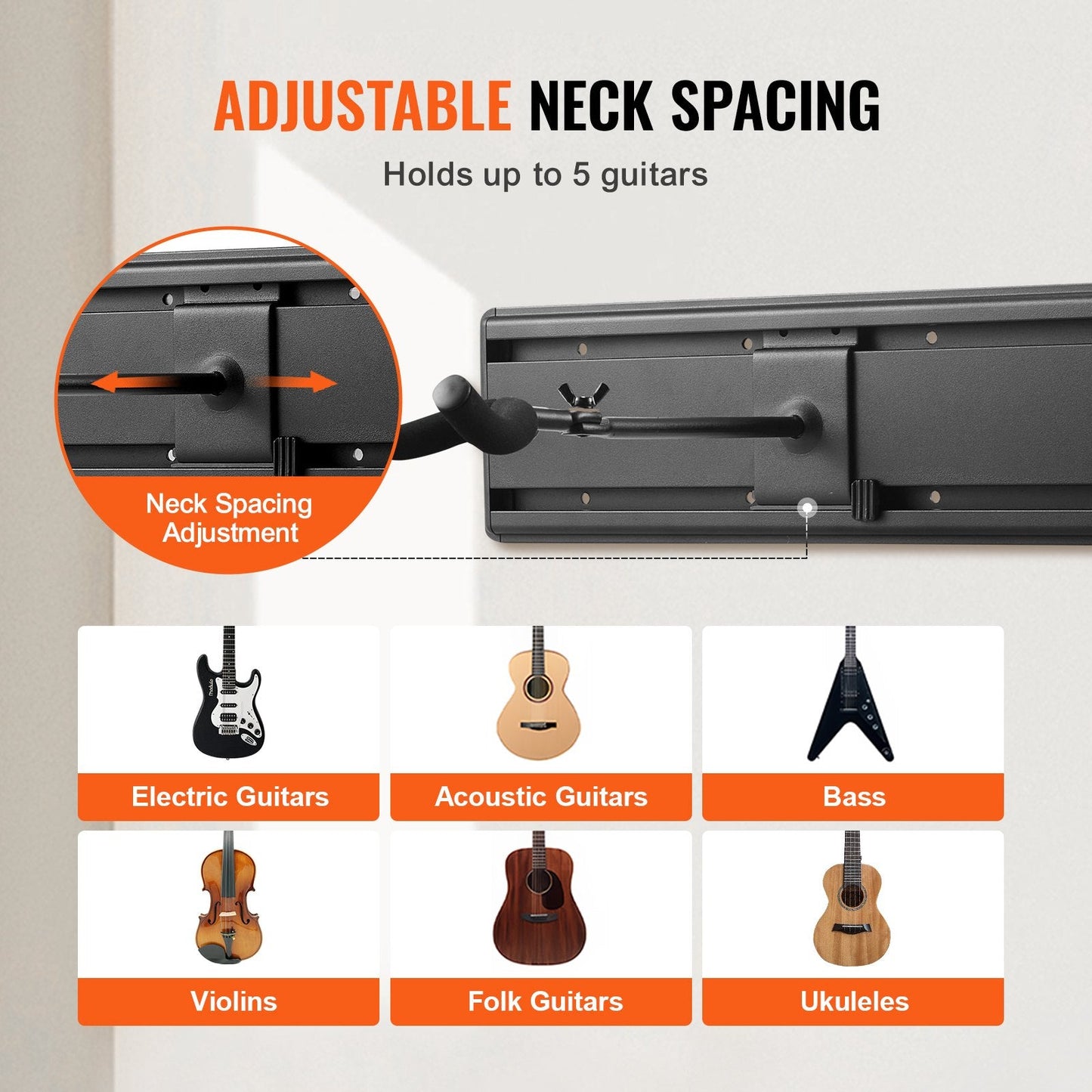 Wall-Mounted Foldable Guitar Rack for 5 Guitars - Adjustable & Sturdy Design