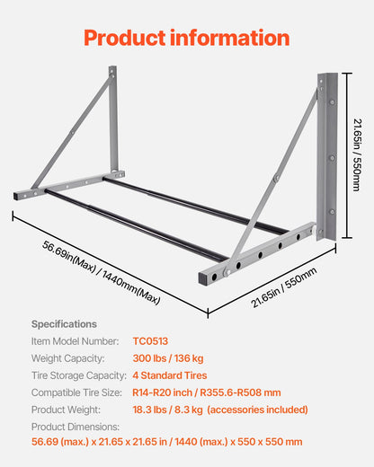 VEVOR Wall Mounted Folding Tire Rack 32"- 48" Adjustable Storage Rack for Garage