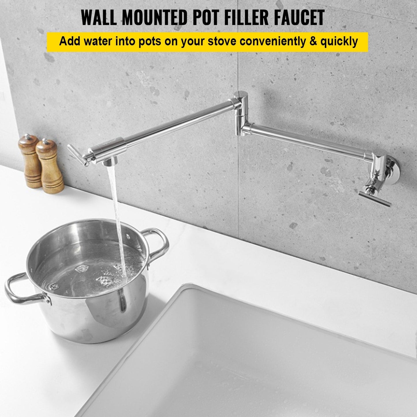 Wall Mounted Brass Pot Filler Faucet, Dual Handles, 670 mm Reach, Chrome Finish
