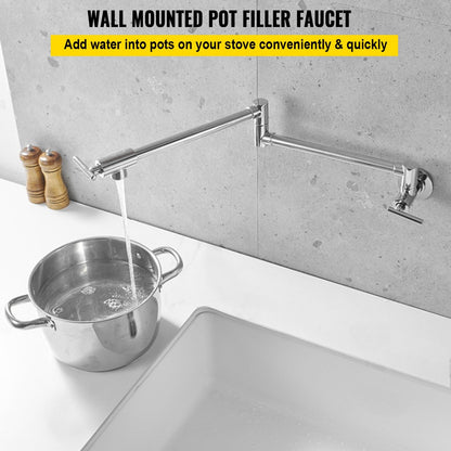 Wall Mounted Brass Pot Filler Faucet, Dual Handles, 670 mm Reach, Chrome Finish
