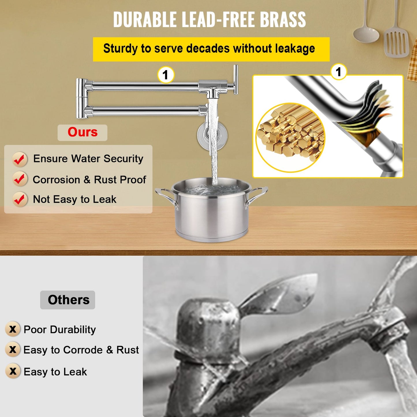 VEVOR Pot Filler Faucet Wall Mount Kitchen Pot Filler Solid Brass with 2 Handles