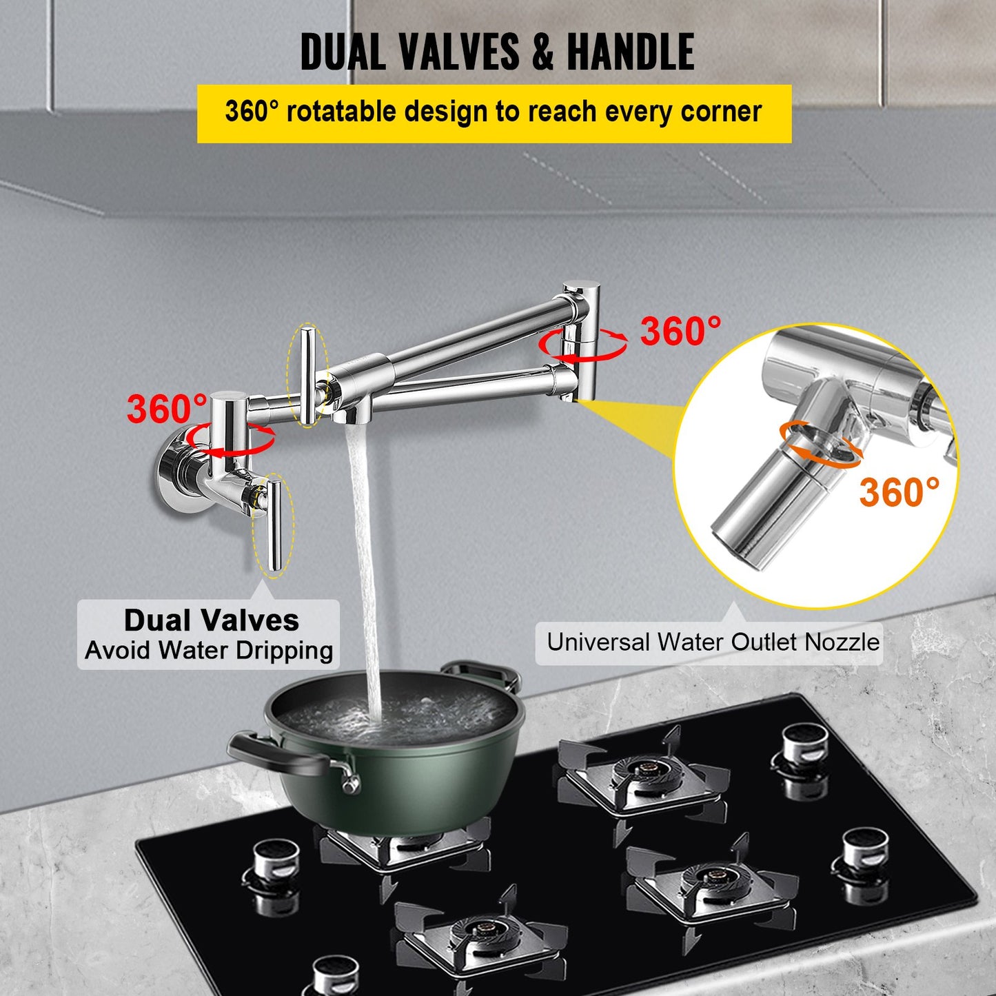 VEVOR Pot Filler Faucet Wall Mount Kitchen Pot Filler Solid Brass with 2 Handles