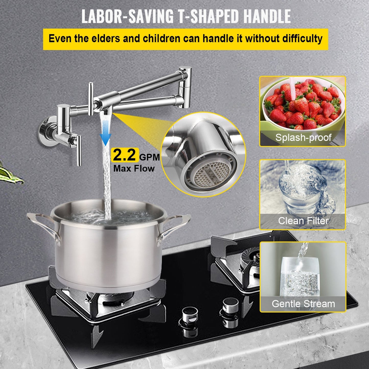 VEVOR Pot Filler Faucet Wall Mount Kitchen Pot Filler Solid Brass with 2 Handles