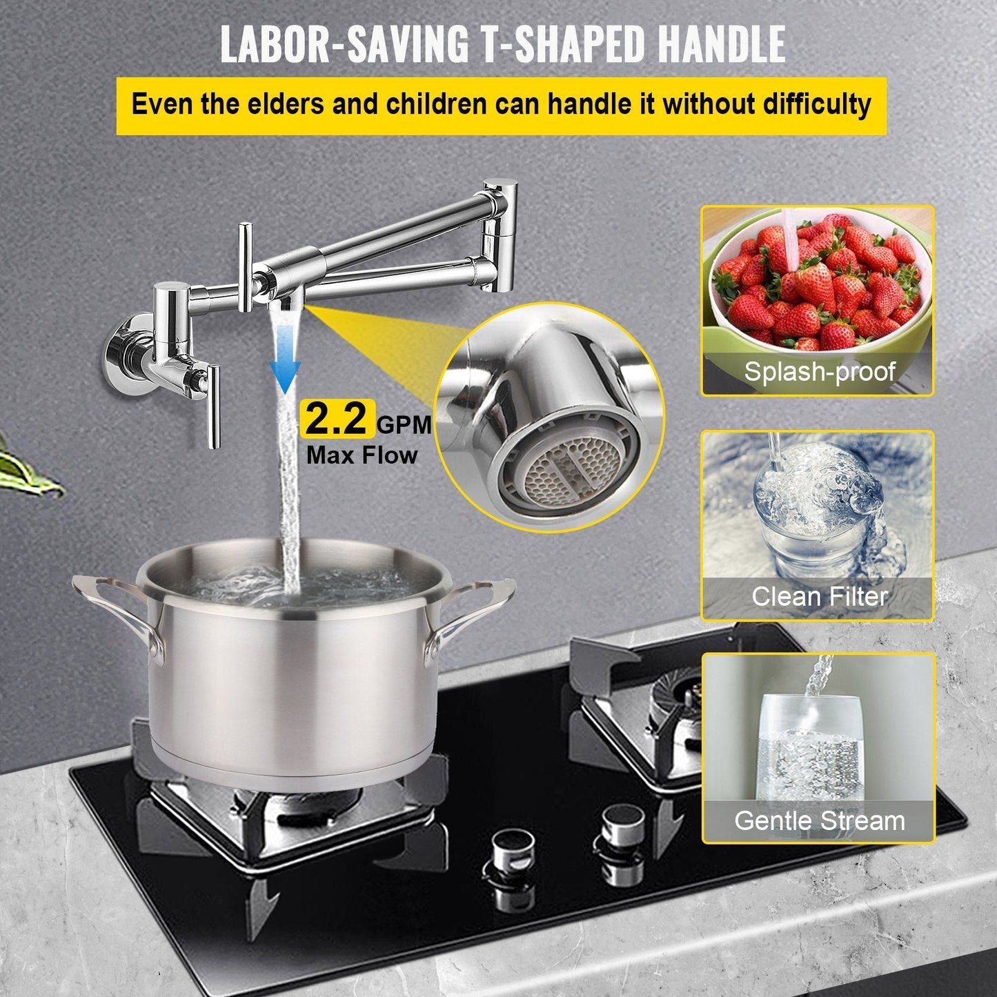 Wall Mounted Brass Pot Filler Faucet, Dual Handles, 670 mm Reach, Chrome Finish
