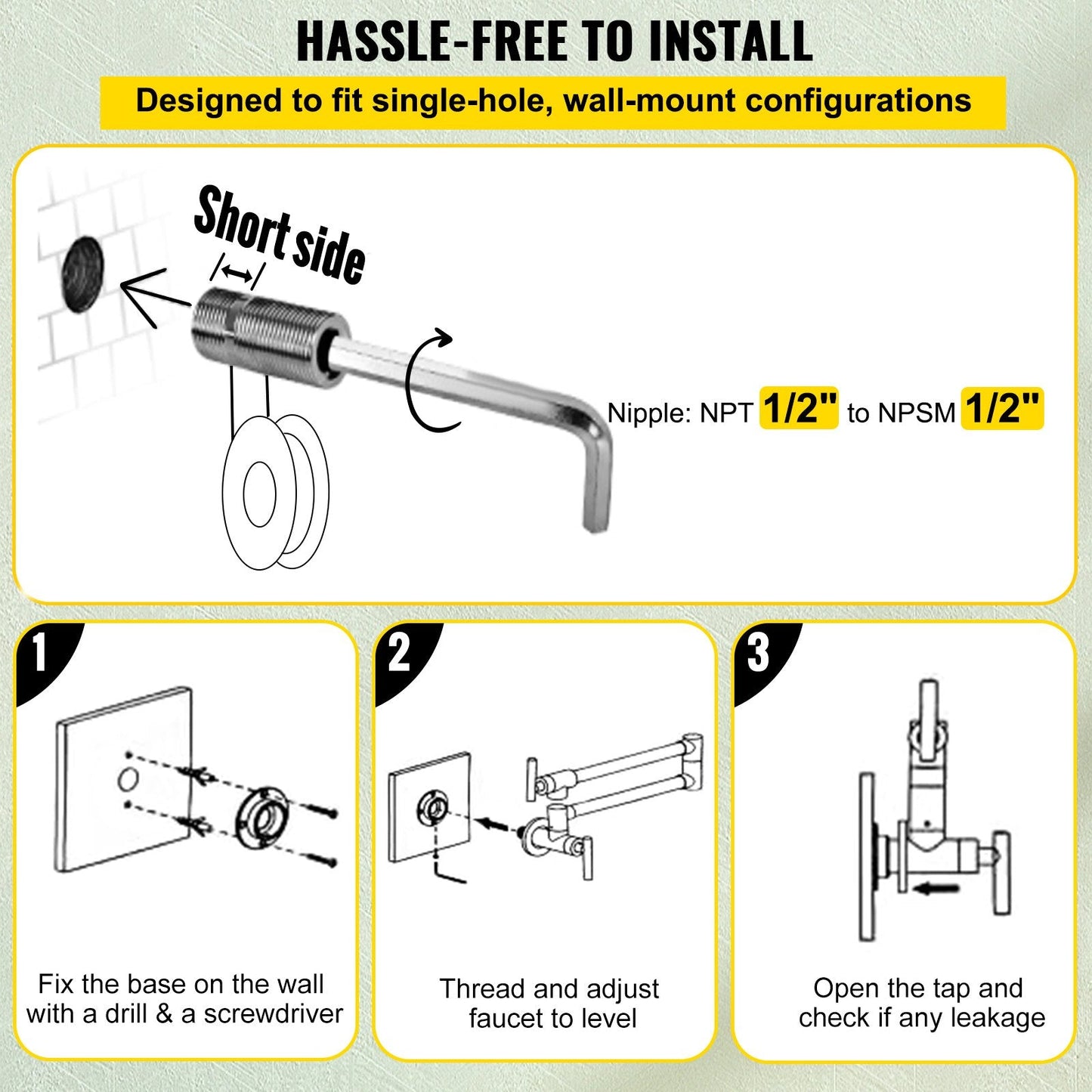 Wall Mounted Brass Pot Filler Faucet, Dual Handles, 670 mm Reach, Chrome Finish
