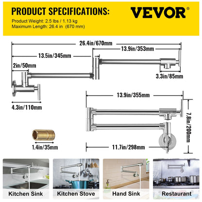 Wall Mounted Brass Pot Filler Faucet, Dual Handles, 670 mm Reach, Chrome Finish