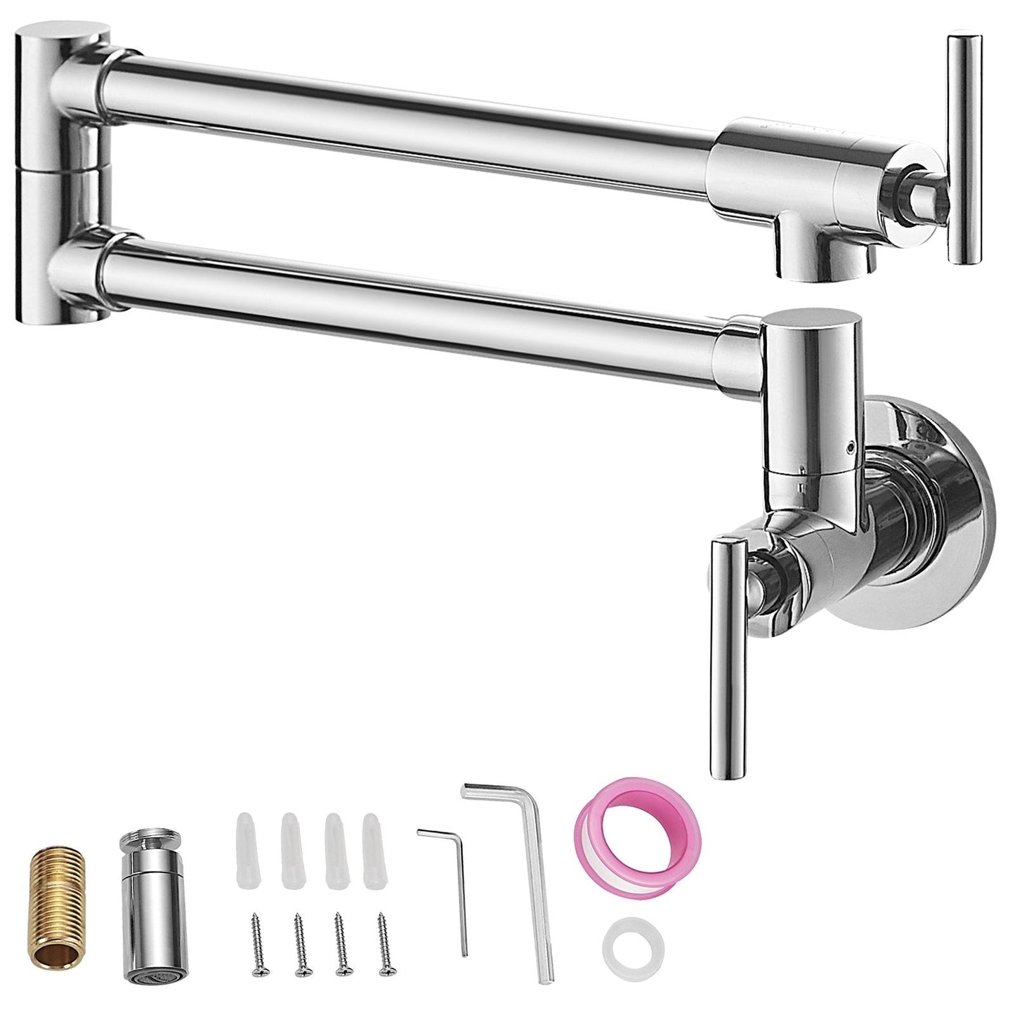 Wall Mounted Brass Pot Filler Faucet, Dual Handles, 670 mm Reach, Chrome Finish